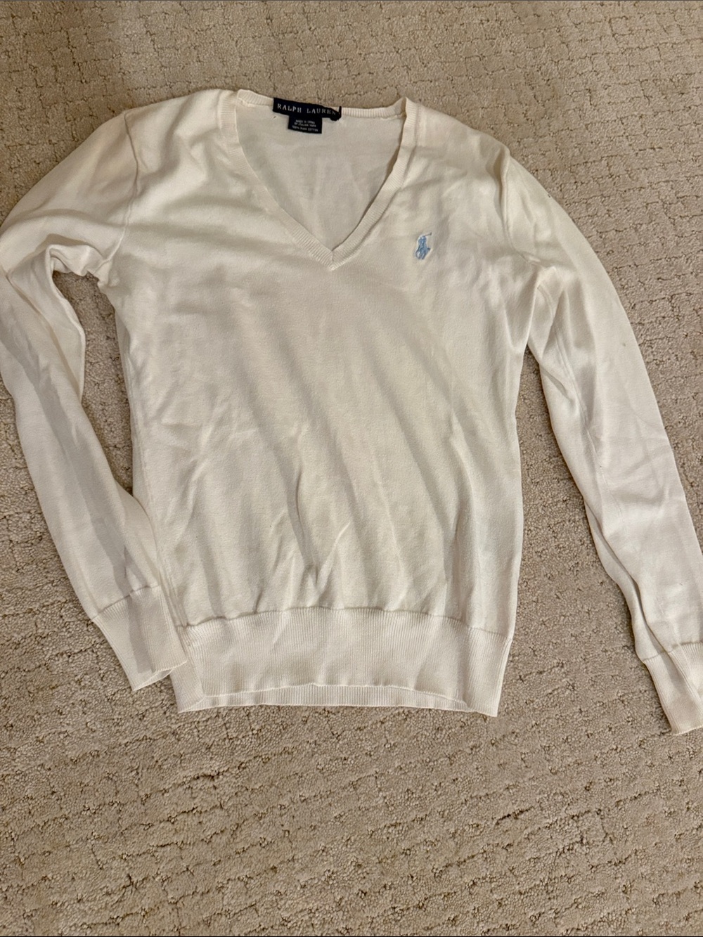 Ralph Lauren White V-Neck Sweater with Light Blue Pony